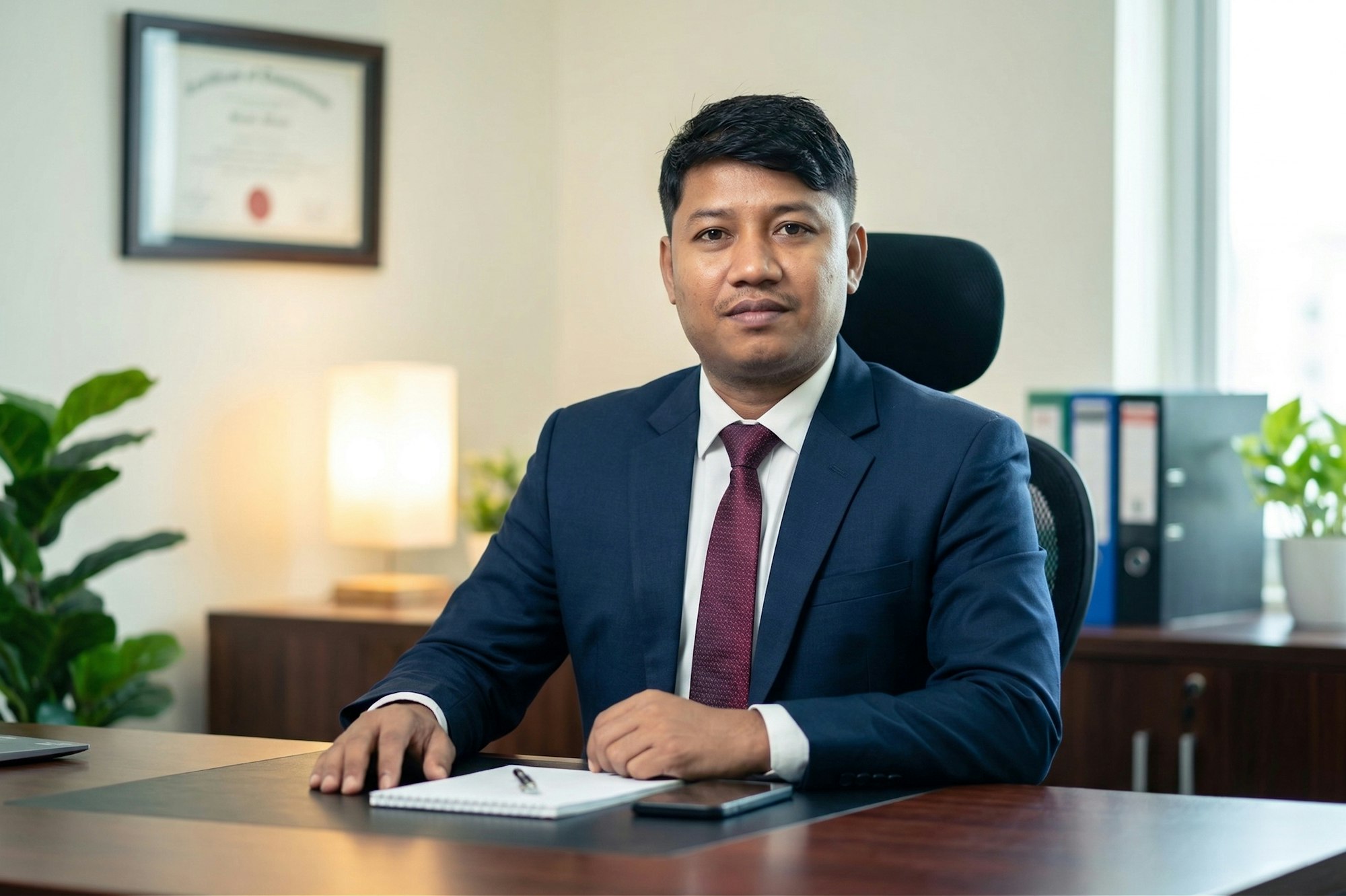 Business owner in a suit sitting at his desk