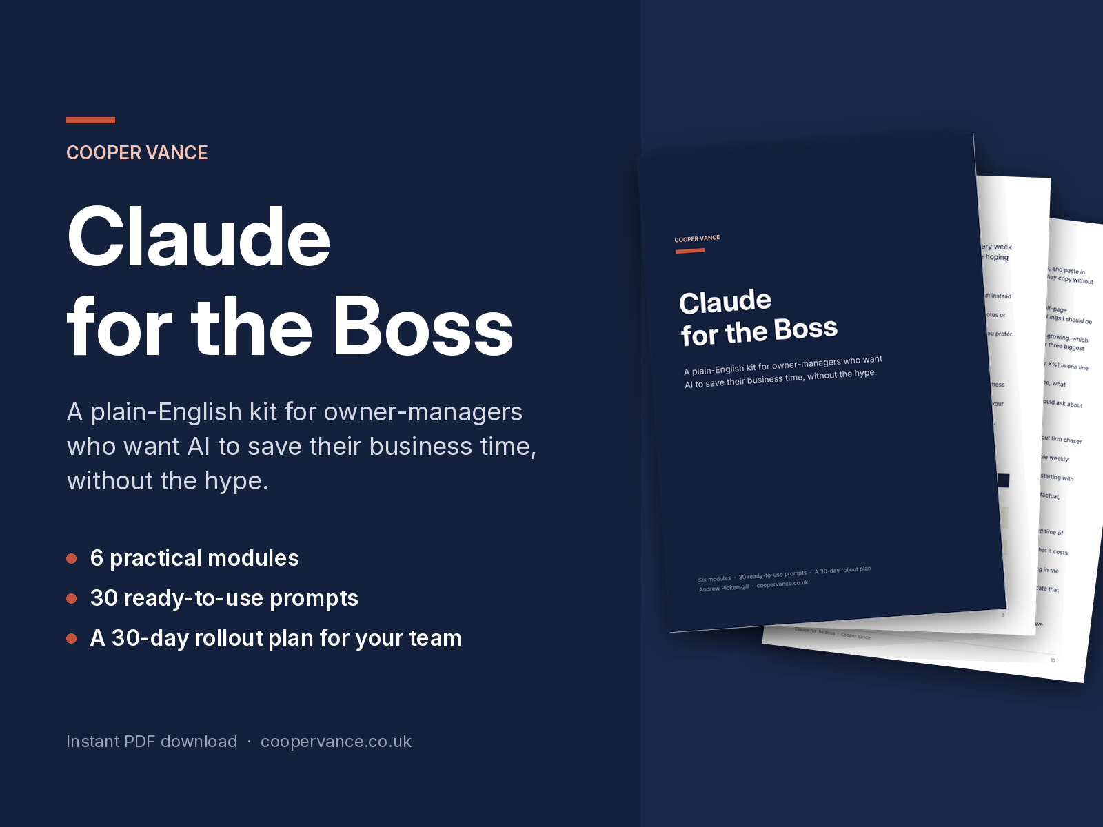 Claude for the Boss kit by Cooper Vance: 6 practical modules, 30 ready-to-use prompts and a 30-day rollout plan